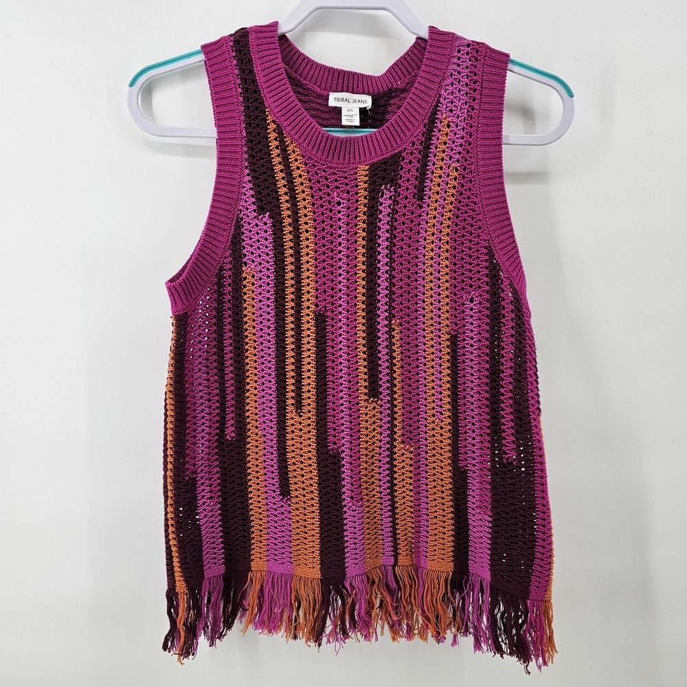 NWT Women's Tribal Jeans Open Knit Cotton Sweater Vest Fringe Size S